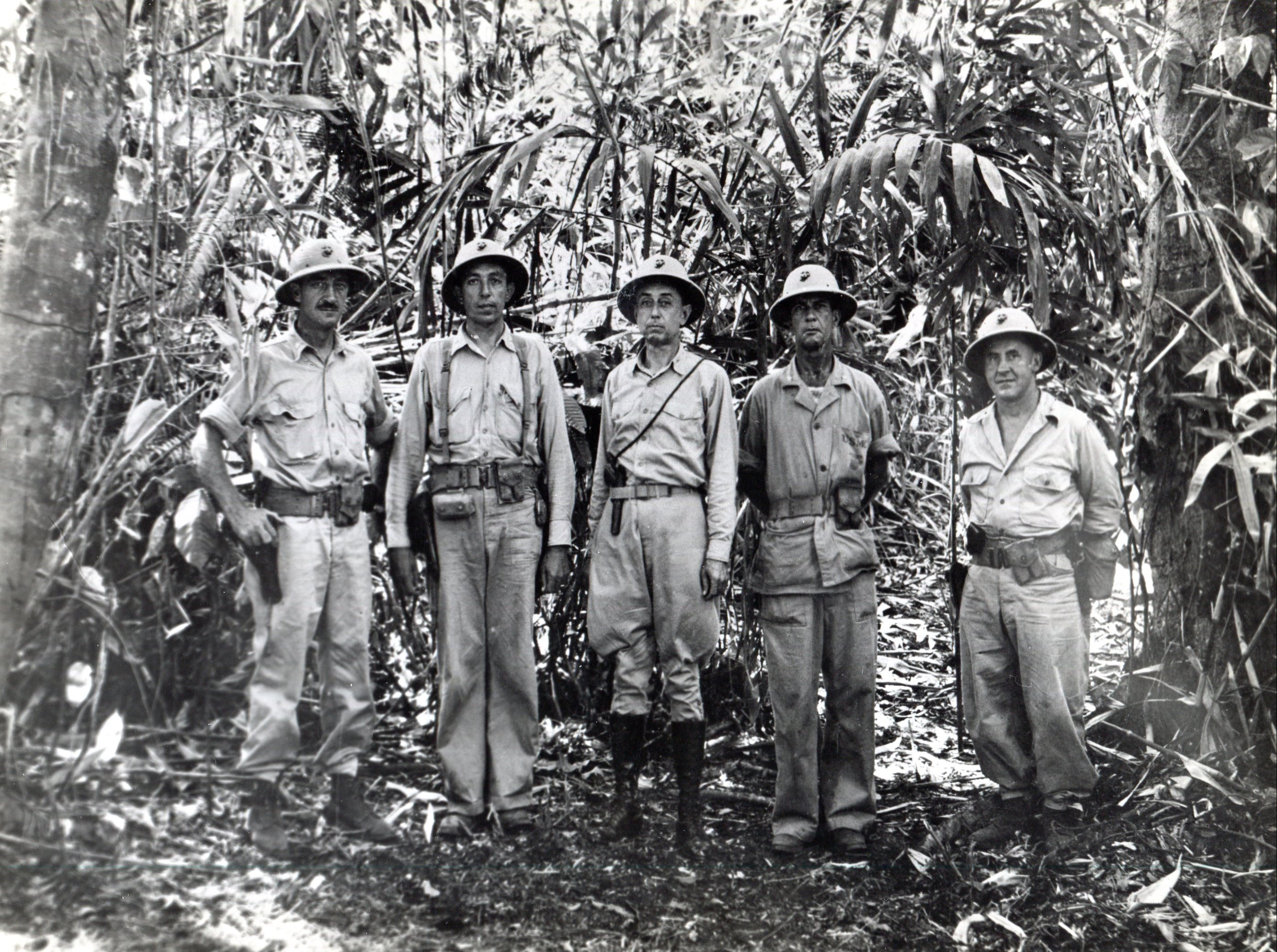 Clifton Cates with battalion commanders of US 1st Marine Regiment, Guadalcanal, Solomon Islands, 10 Oct 1942