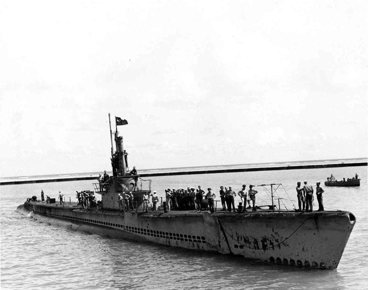 Submarine USS Bowfin arriving at Fremantle, Australia, probably from her second war patrol in Dec 1943.