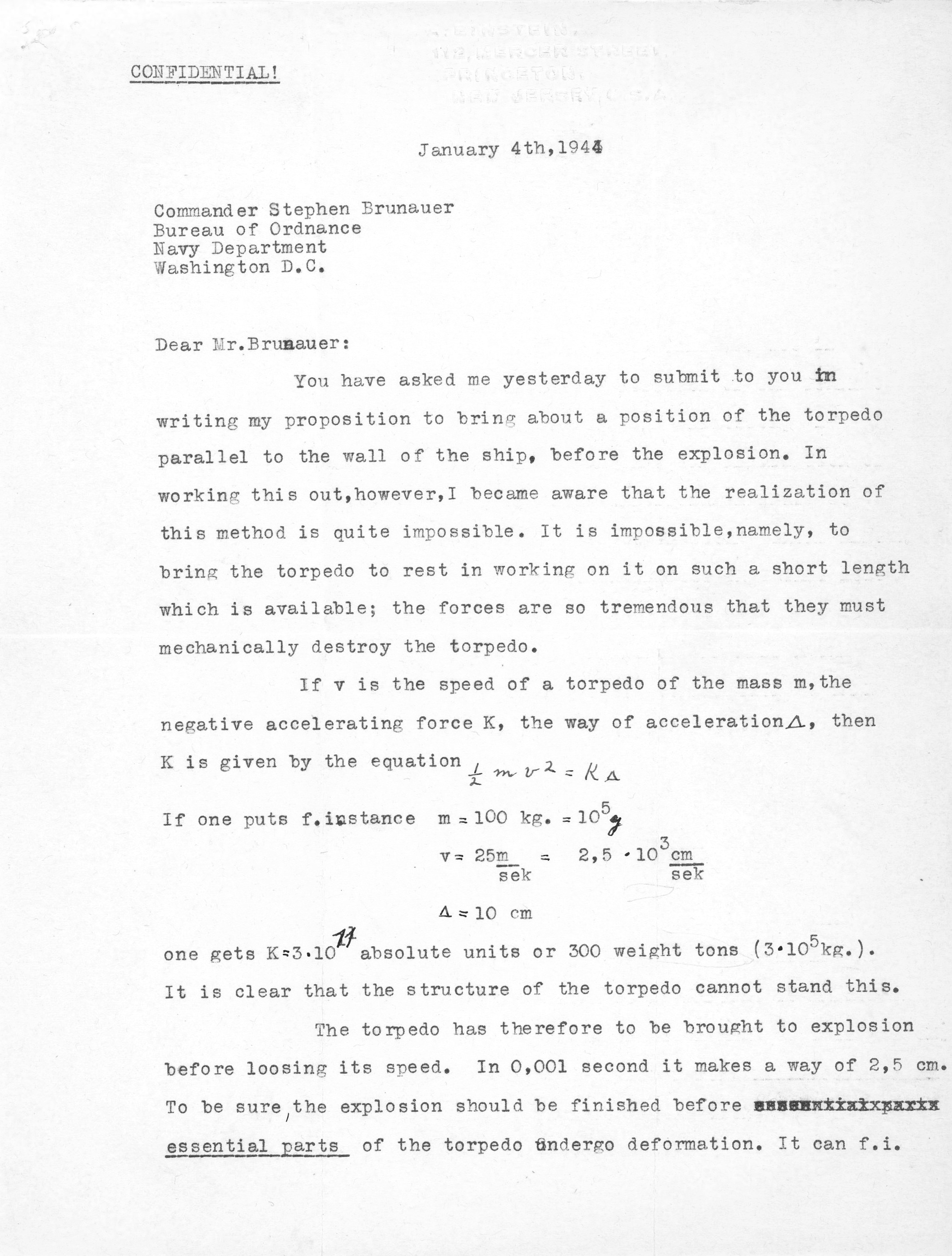 Letter from Albert Einstein to the United States Navy’s Bureau of Ordnance describing the forces experienced by a torpedo’s firing pin mechanism upon impact with a solid object, 4 Jan 1944, page 1 of 2.