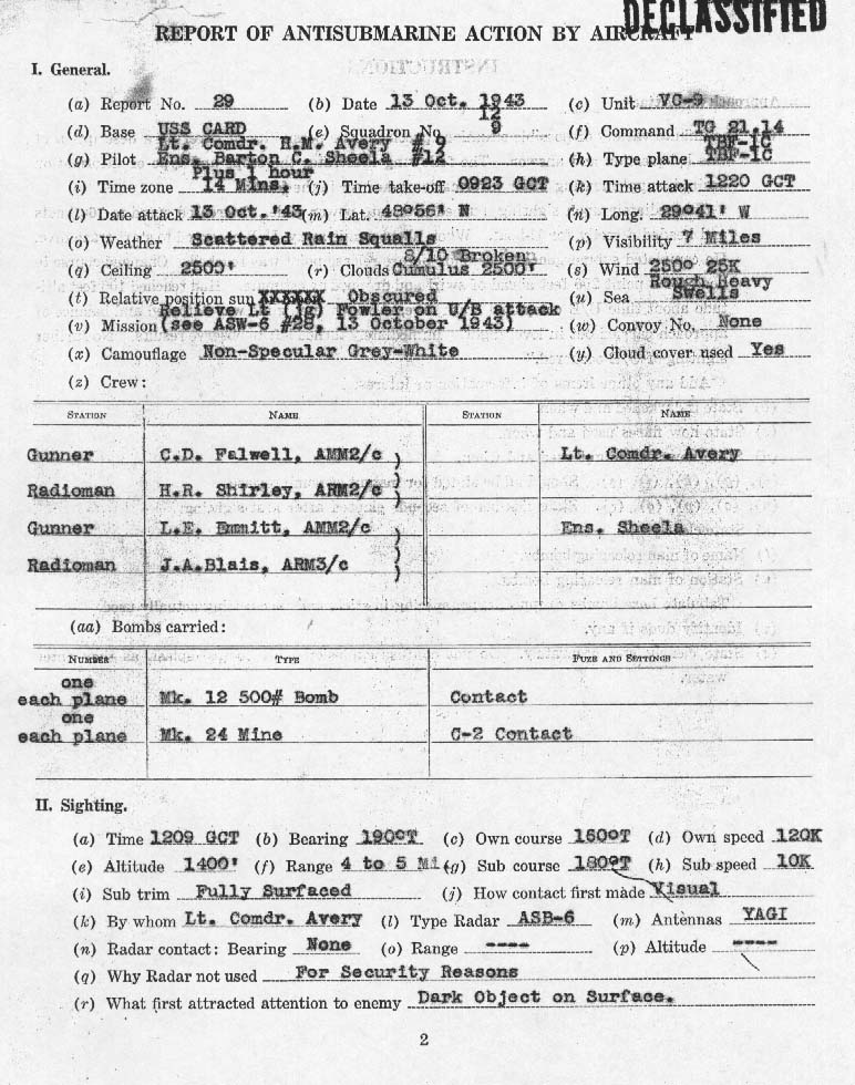 Action Report filed by TBF Avenger pilots LtCdr Howard Avery and Ens Barton Sheela flying from USS Card documenting their attack on German U-402 in the mid-Atlantic, 13 Oct 1943. Page 1 of 3.