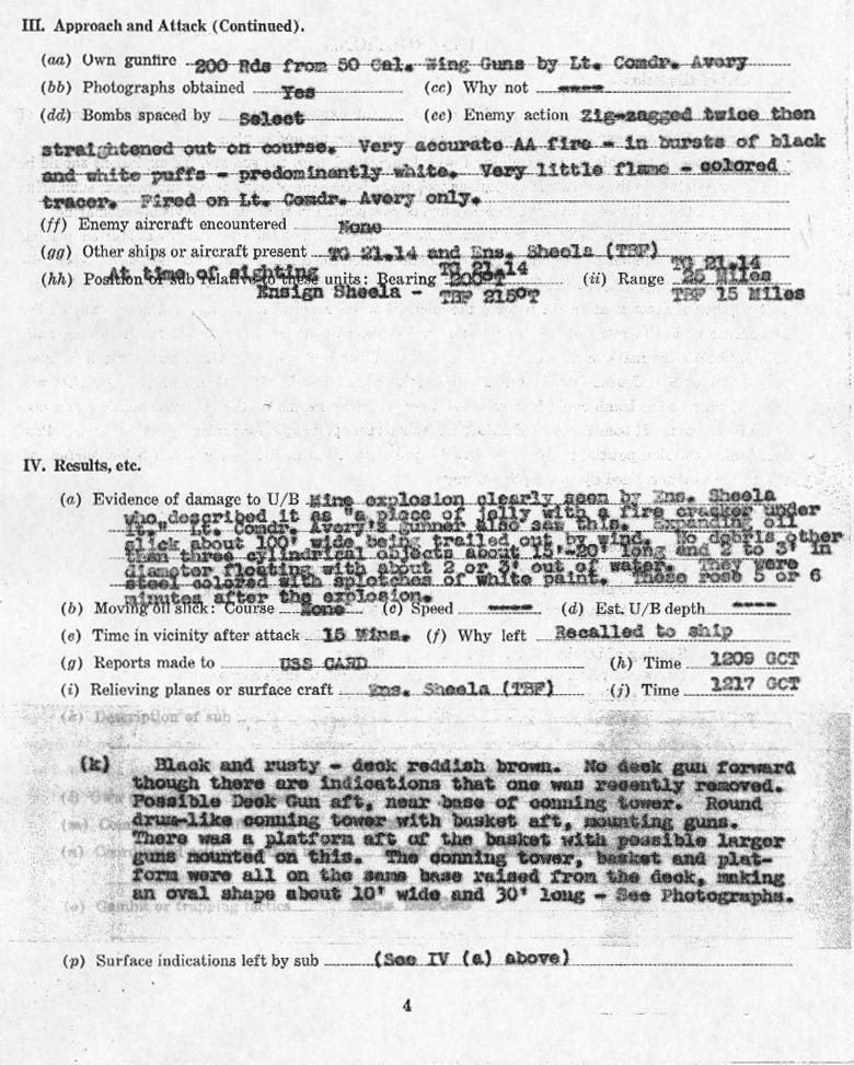Action Report filed by TBF Avenger pilots LtCdr Howard Avery and Ens Barton Sheela flying from USS Card documenting their attack on German U-402 in the mid-Atlantic, 13 Oct 1943. Page 3 of 3.