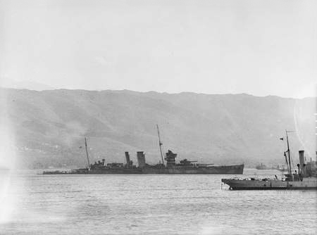 HMS York and an oil tanker in Suda Bay, Crete, Greece, May 1941