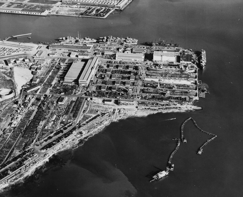 Aerial view of Kaiser Richmond No. 3 Yard, Richmond, California, United States, 11 Dec 1944