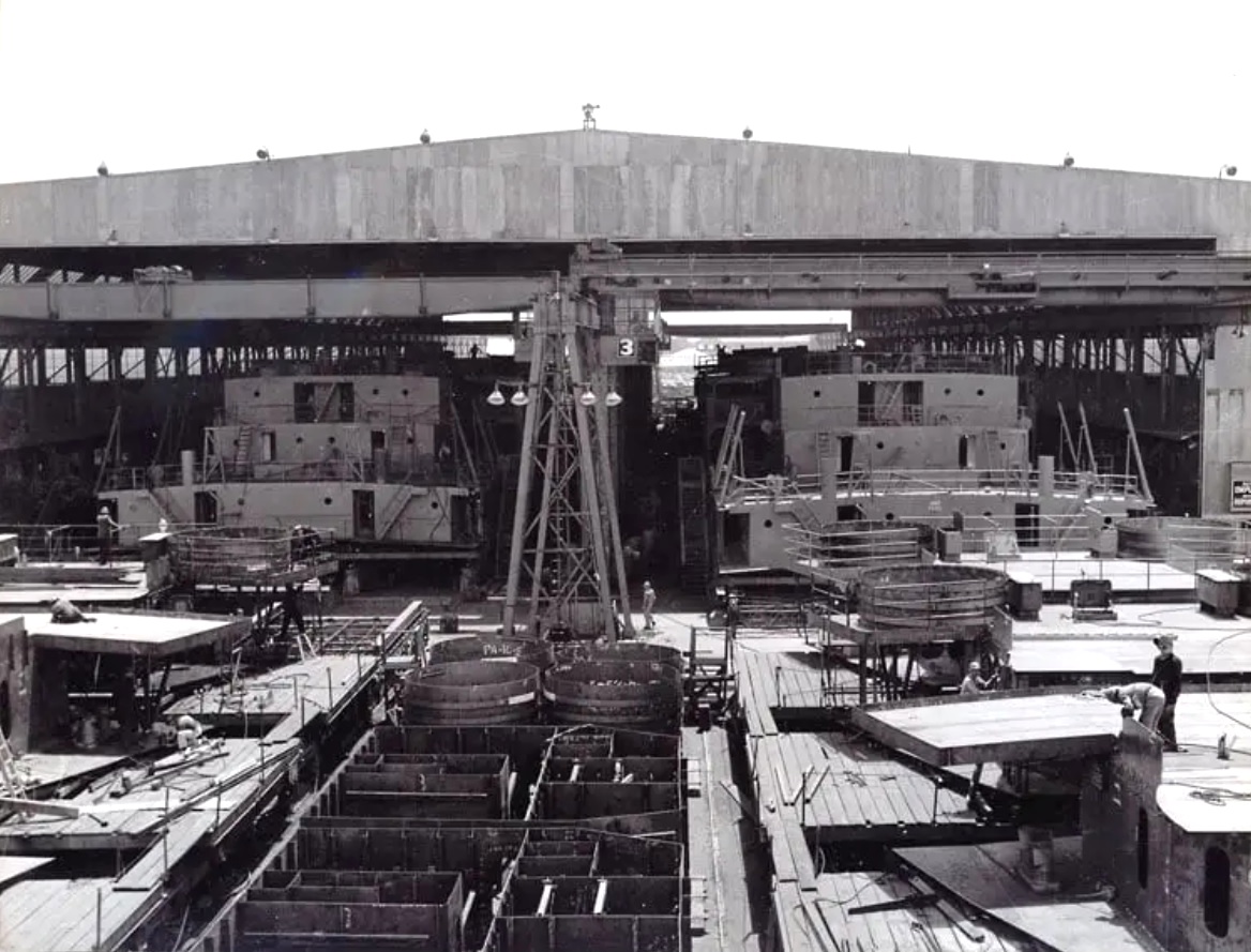 The prefabrication center at Kaiser Richmond Shipyards where deckhouses and other structures were pre-assembled before being moved by crane and rail to the shipways for installation into the hulls, 1943.
