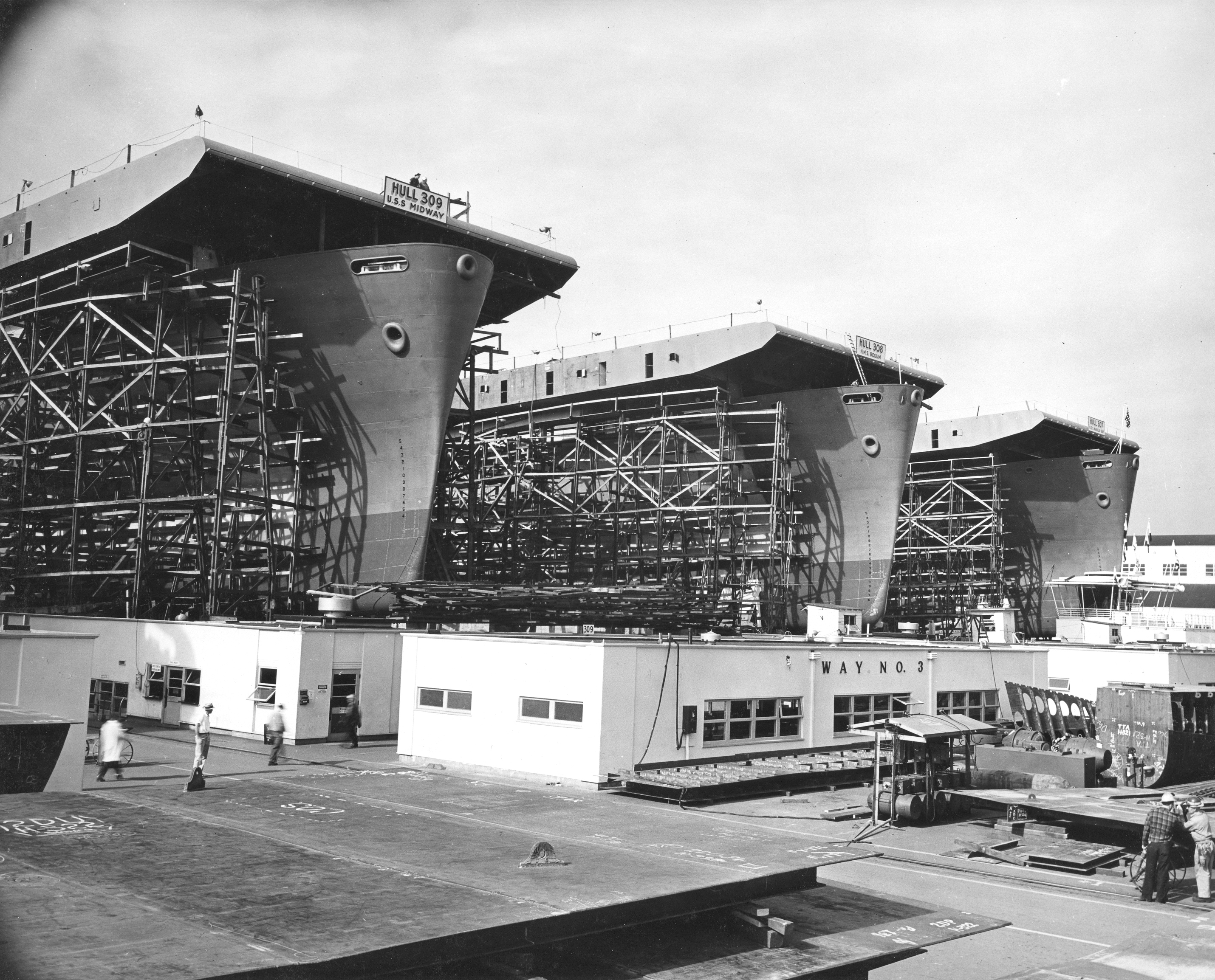 Three Casablanca-class escort carriers being readied for launch at the Kaiser Shipyards, Vancouver, Washington, United States, Jan 1943. 