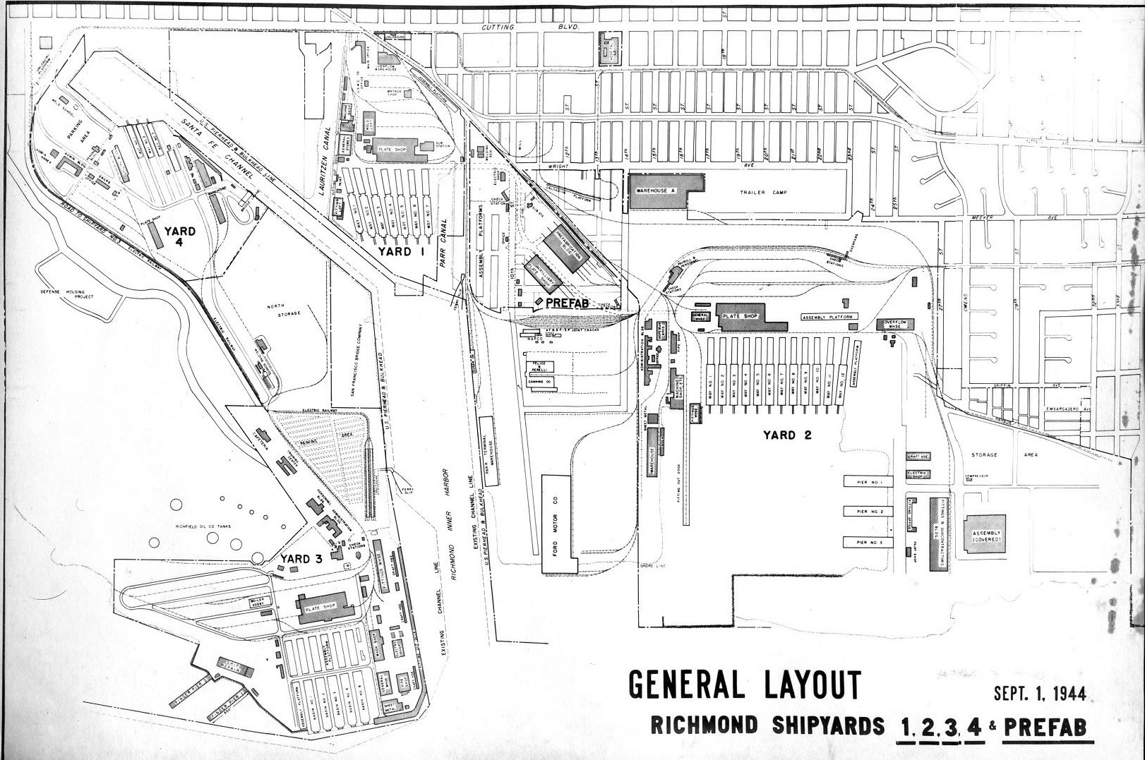 Sep 1944 map showing the general layout of Kaiser Richmond Shipyards Nos. 1, 2, 3, and 4 plus the prefabrication shops, Richmond, California, United States.