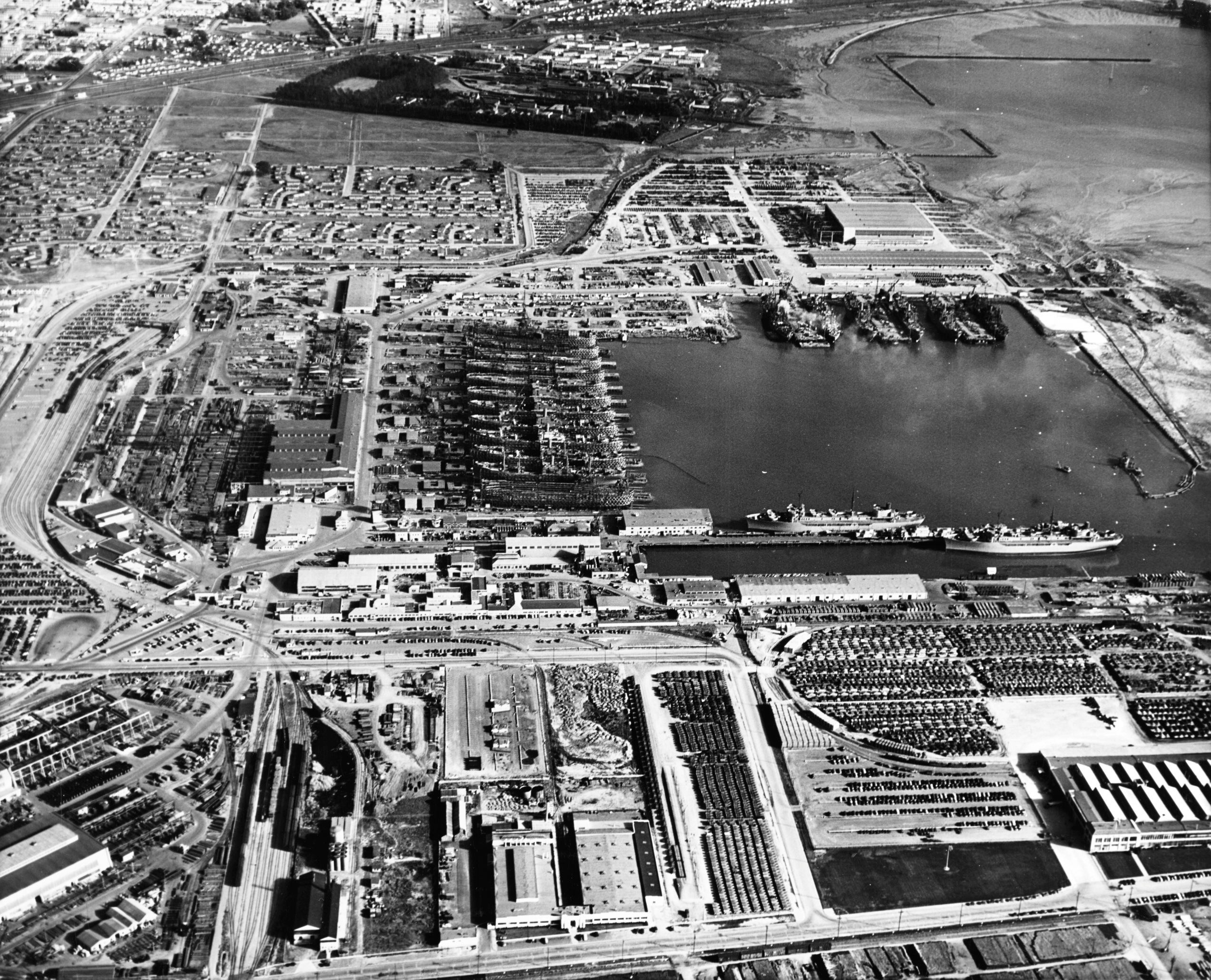 Aerial view of Permanente Metals Shipyard No. 2 looking east, Richmond, California, United States, 11 Dec 1944.