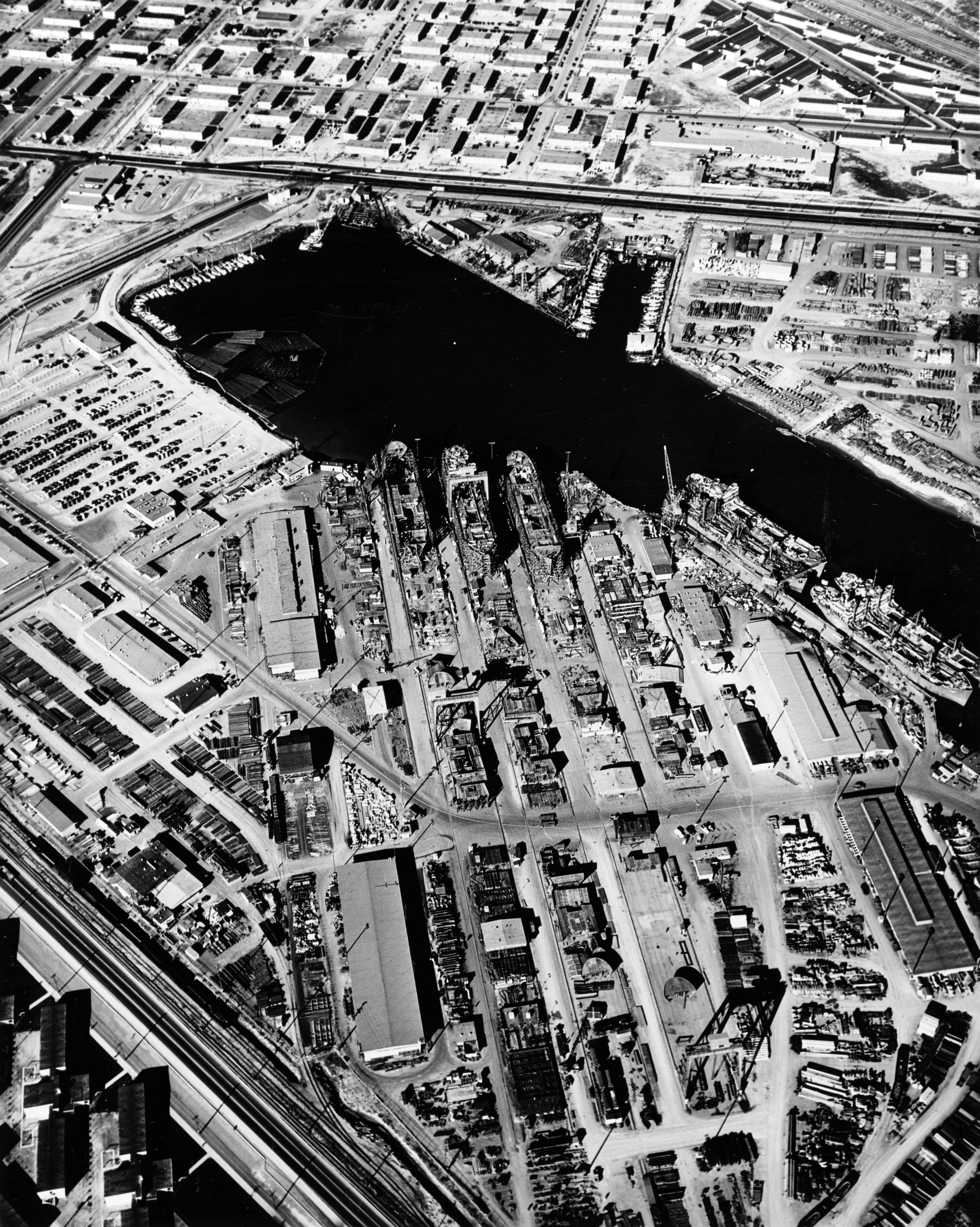 Aerial view of the Kaiser Company Shipyard No. 4 looking north, Richmond, California, United States, 6 Dec 1944.