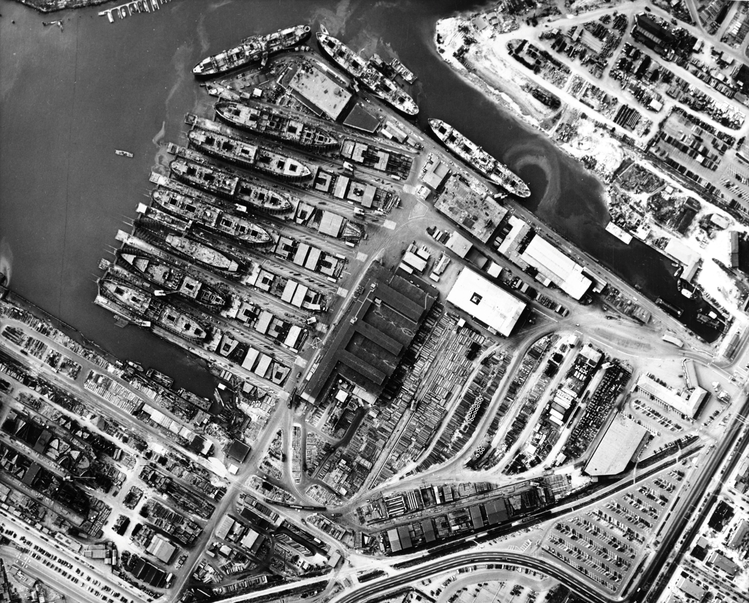 Overhead view of Permanente Metals Shipyard No. 1, Richmond, California, United States, 13 Dec 1944.