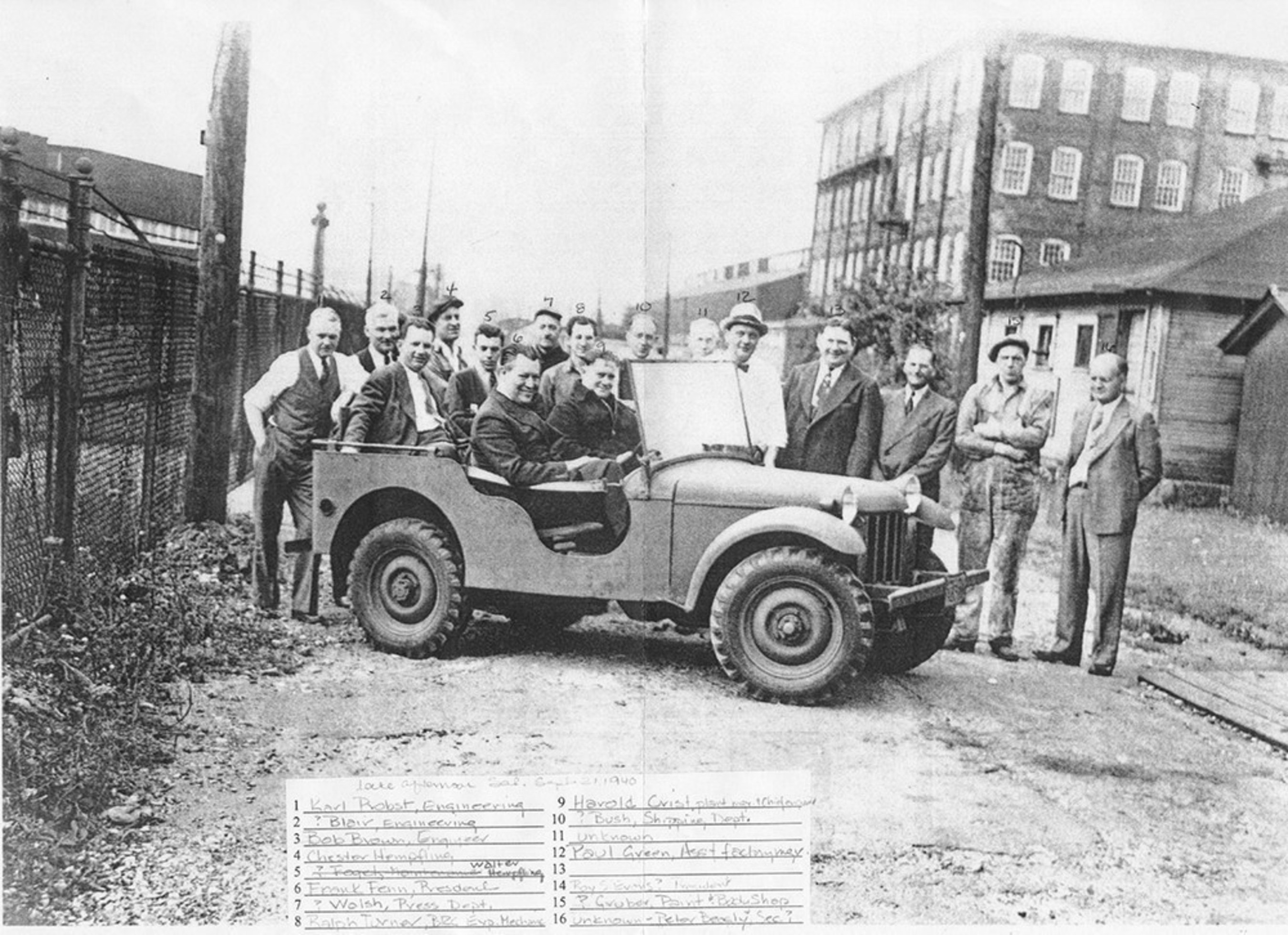 Bantam design team posing with their prototype BRC 60 “Number 1” scout car before submitting it to the Army for consideration, Butler, Pennsylvania, United States, 21 Sep 1940.
