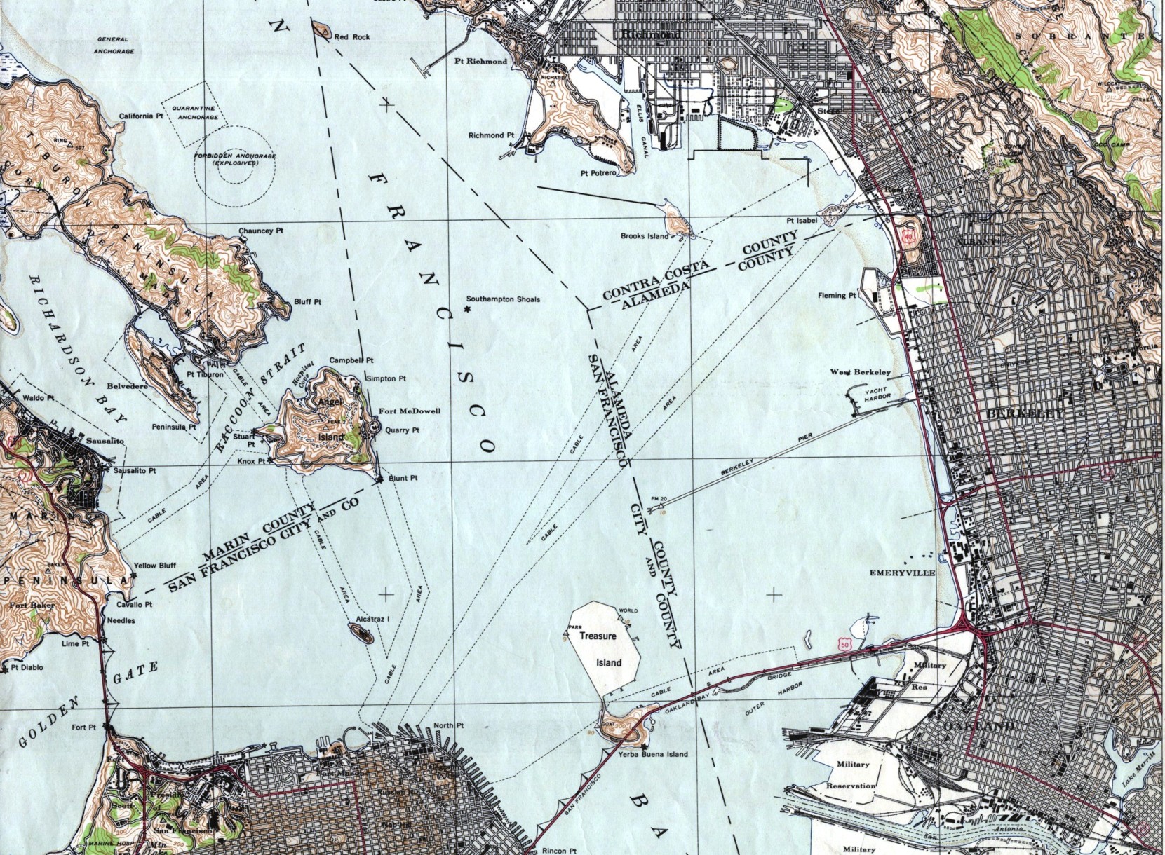 Excerpt from the 1942 United States Army Corps of Engineers map of San Francisco Bay showing the Kaiser Richmond Shipyards at Potrero Point and the Tiburon Naval Net Depot across the bay north of Bluff Point.