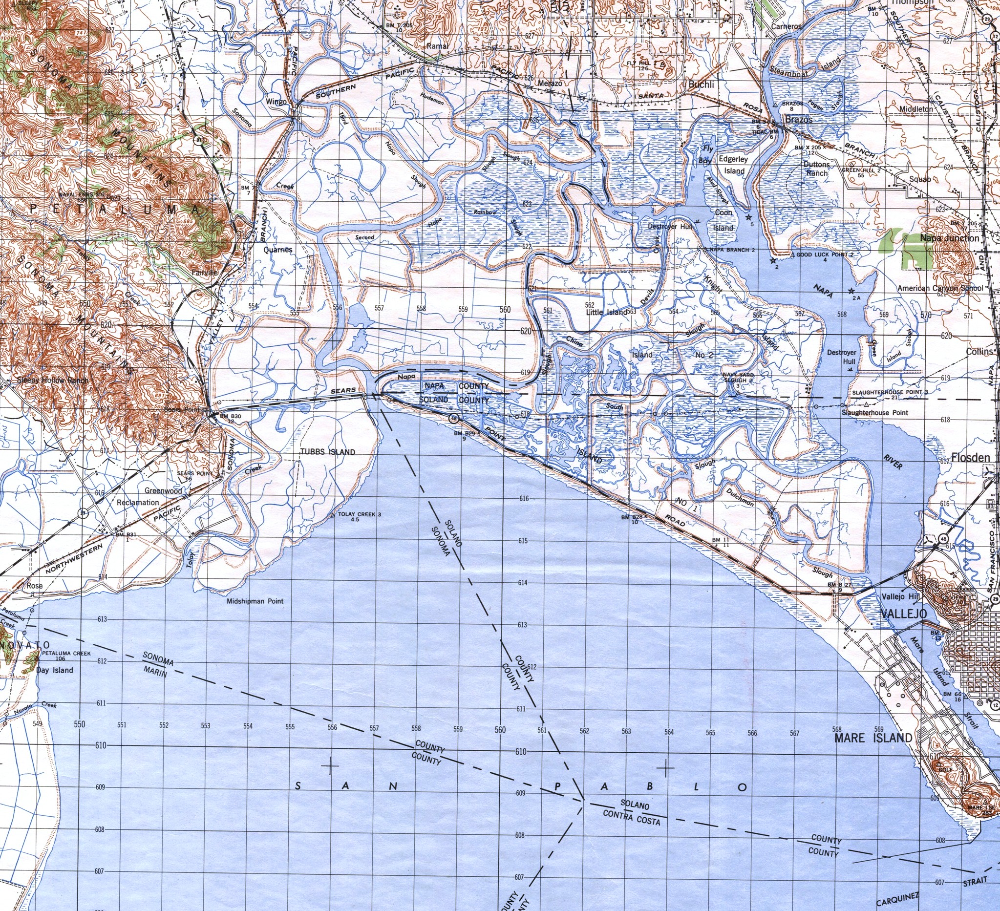 Excerpt from the 1946 United States Army Corps of Engineers map of San Pablo Bay showing the Mare Island, Vallejo, California, and the Naval Shipyard.