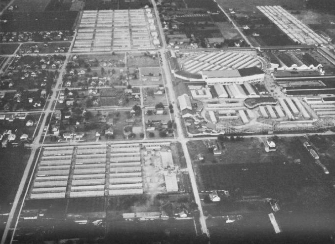 Aerial view of Puyallup Assembly Center, Washington, United States, 1942