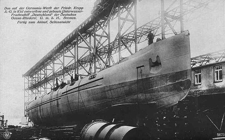 Submarine Deutschland being serviced at Friedrich Krupp Germaniawerft, Kiel, Germany, 1918, photo 2 of 2