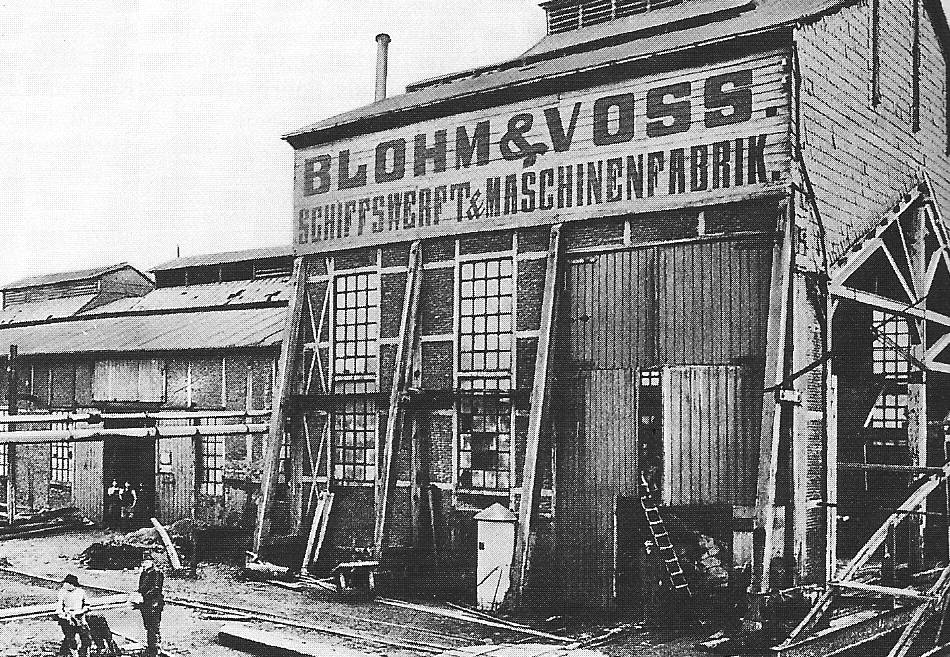 A building at the Blohm und Voss shipyard and machinery factory, Hamburg, Germany, late 1877