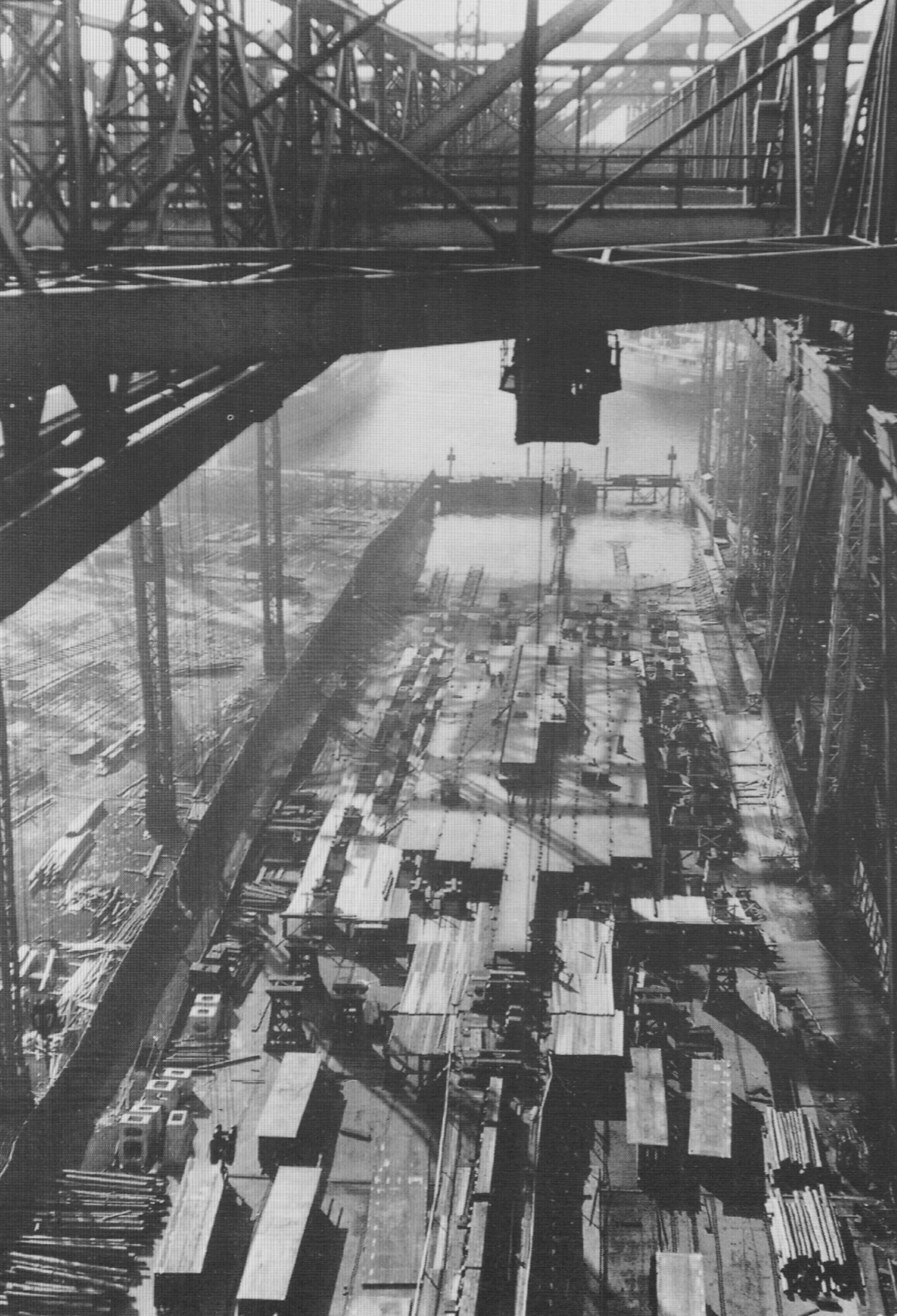 A ship under construction at Vulcan/Howaldtswerke shipyard, Hamburg, Germany, date unknown
