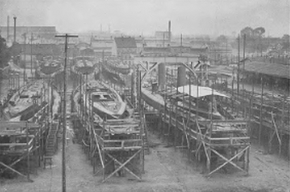 View of Slips 1-7 at the F. Schichau Elbing shipyard in Elbing, Germany (now Elblag, Poland), date unknown