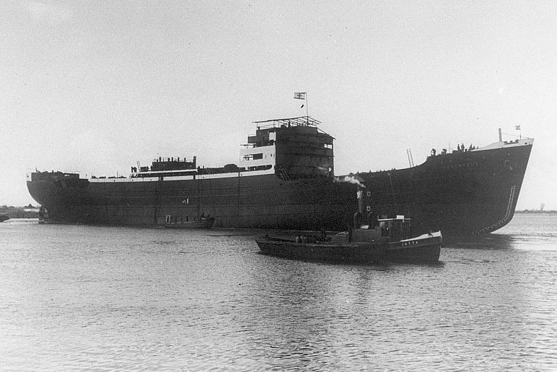 Merchant ship Hohenfels shortly after launching, Vulkan shipyard, Bremen, Germany, 21 May 1938