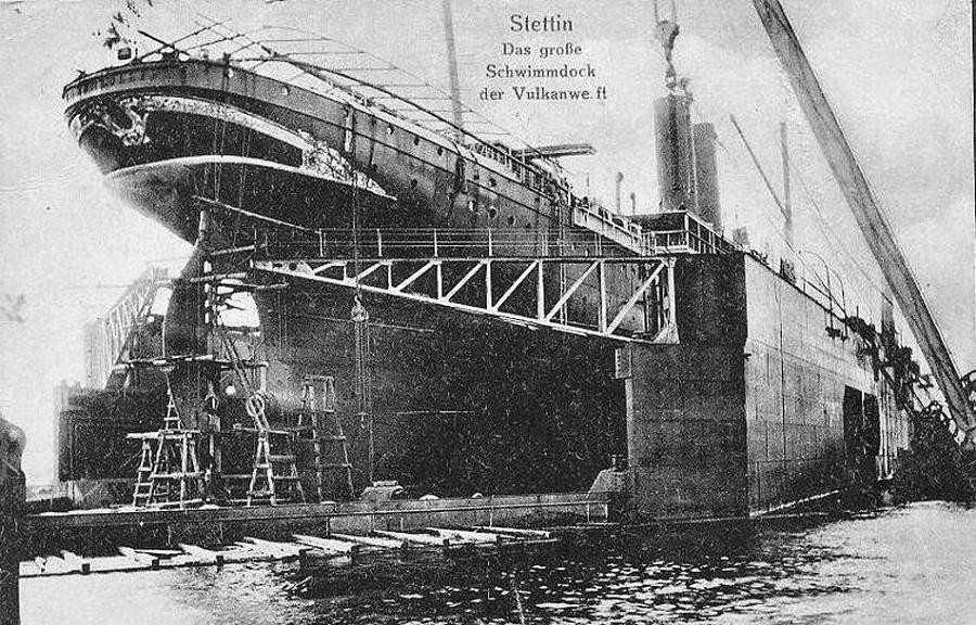 A ship in the floating drydock at AG Vulcan Stettin shipyard, Stettin, Germany (now Szczecin, Poland), date unknown