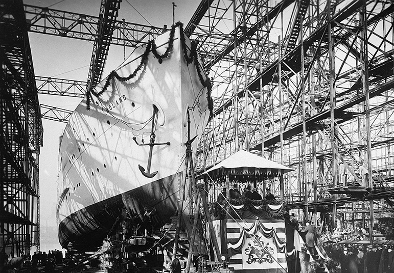 Launching ceremony of transport Roland, Tecklenborg Werft shipyard, Bremerhaven, Germany, Mar 1927, photo 1 of 3