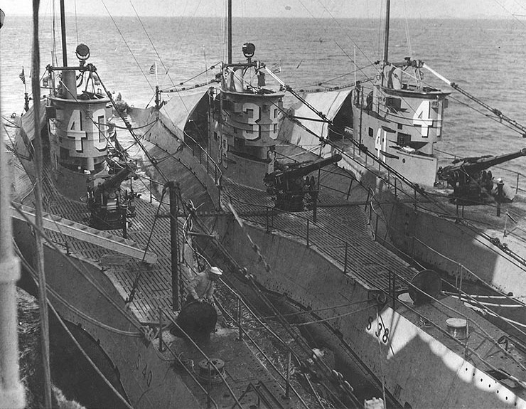 USS S-40, USS S-38, and USS S-41 (left to right) moored alongside of USS Canopus at Qingdao, Shandong Province, China, 1930