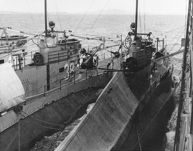 USS S-41, USS S-38, and USS S-40 (left to right) moored alongside of USS Canopus, Qingdao, Shandong Province, China, 1930