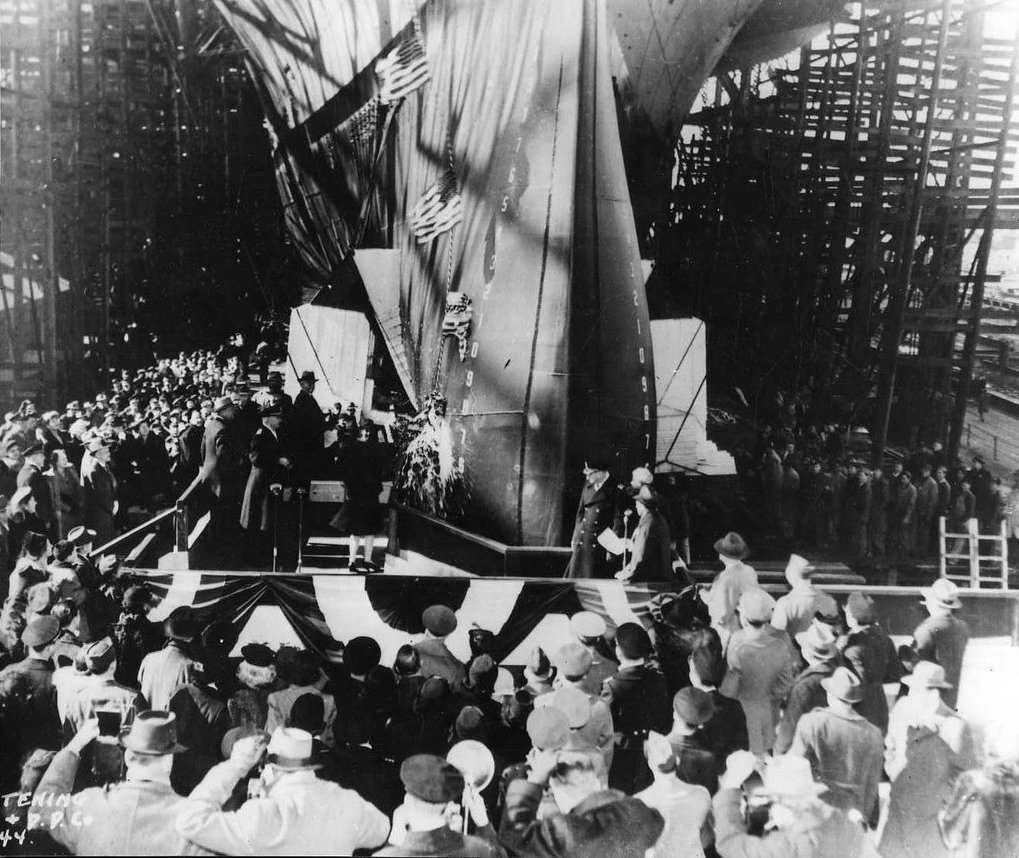 Essex-class carrier Ticonderoga in her second and successful attempt to be christened, Newport News, Virginia, United States, 7 Feb 1944. Sponsor was Miss Stephanie Sarah Pell of Ticonderoga, New York.
