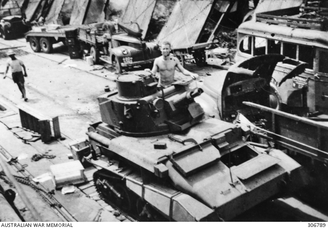 Light Tank Mk VIB of 3rd Hussars, British Army on the wharf at Oosthaven (Bandar Lampung), Sumatra, Dutch East Indies, 14 Feb 1942
