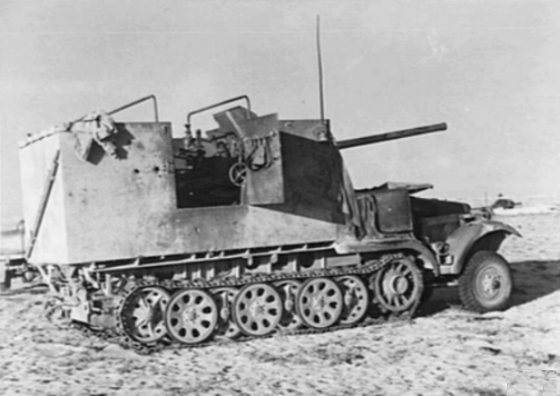 Damaged SdKfz 6/3 Diana self-propelled gun of German 605th Tank Destroyer Division, near El Alamein, Egypt, circa early Aug 1942