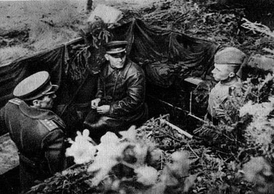 Kirill Moskalenko (left) and Ivan Konev (center) in the Carpathian Mountains, 1945