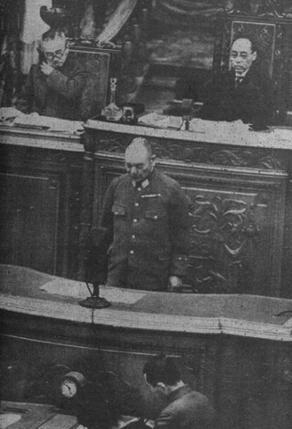 Japanese Prime Minister Kuniaki Koiso speaking, National Diet Building, Tokyo, Japan, Jan 1945