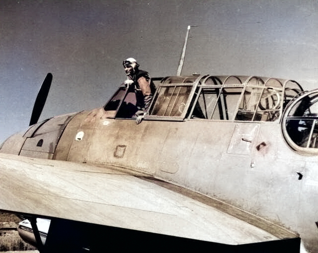 Lt George Gay in the cockpit of a TBM Avenger with Torpedo Squadron 11 on Guadalcanal, Jun 1943. As Ensign Gay, he was the sole survivor of Torpedo Squadron 8 at Midway in 1942. [Colorized by WW2DB]