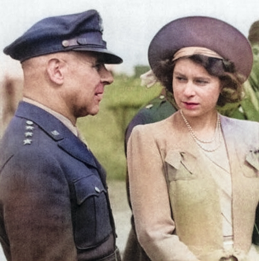 LtGen Jimmy Doolittle speaking with Princess Elizabeth of the United Kingdom during a Royal visit to RAF Thurleigh, home of the USAAF 306th Bomb Group, 6 Jul 1944. [Colorized by WW2DB]