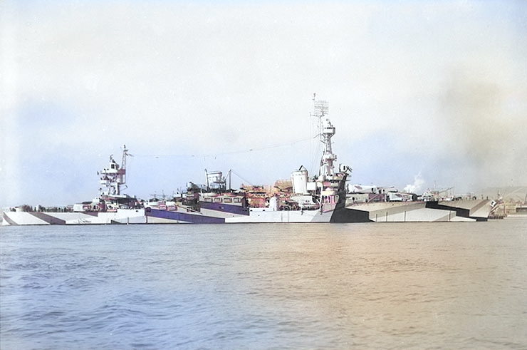 Heavy cruiser USS Chester in San Francisco Bay, California off Hunters Point Naval Shipyard after receiving new paint scheme Measure 32 Design 9D, May 1944 [Colorized by WW2DB]