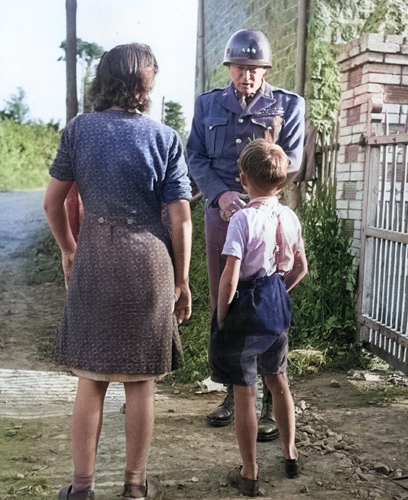 George Patton speaking with French civilians, Aug 1944 [Colorized by WW2DB]