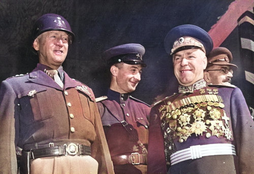 George Patton and Georgy Zhukov, Berlin, Germany, 7 Sep 1945 [Colorized by WW2DB]