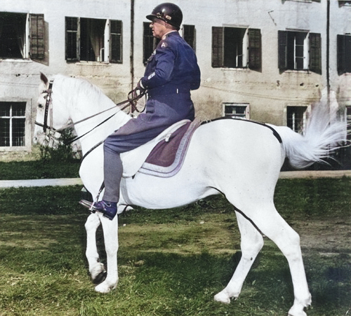 George Patton riding the horse Favory Africa in Sankt Martin, Austria, 22 Aug 1945 [Colorized by WW2DB]