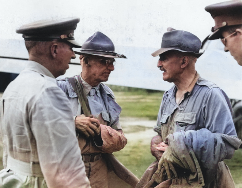 Brigadier General Gilbert Cheves, Lieutenant General Joseph Stilwell, and writer Arthur Moore, Calcutta, India, 30 Jul 1944 [Colorized by WW2DB]