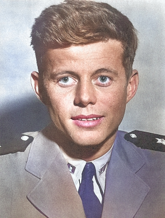 Lieutenant John F. Kennedy after his assignments on PT Boats and his return to the United States, Jan 1944. Note the amblyopia in his right eye that prevented him from being a pilot like his brother, Joe. [Colorized by WW2DB]