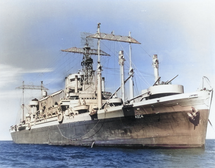 USS Ancon, Chesapeake Bay, United States, 8 May 1943 [Colorized by WW2DB]