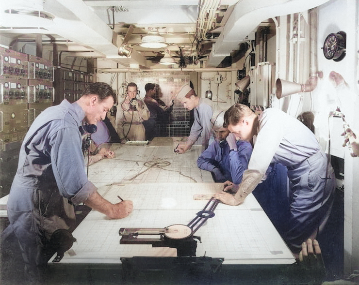 Navy Operations Room aboard USS Ancon while at Oran, French Algeria, 3 Jul 1943 [Colorized by WW2DB]