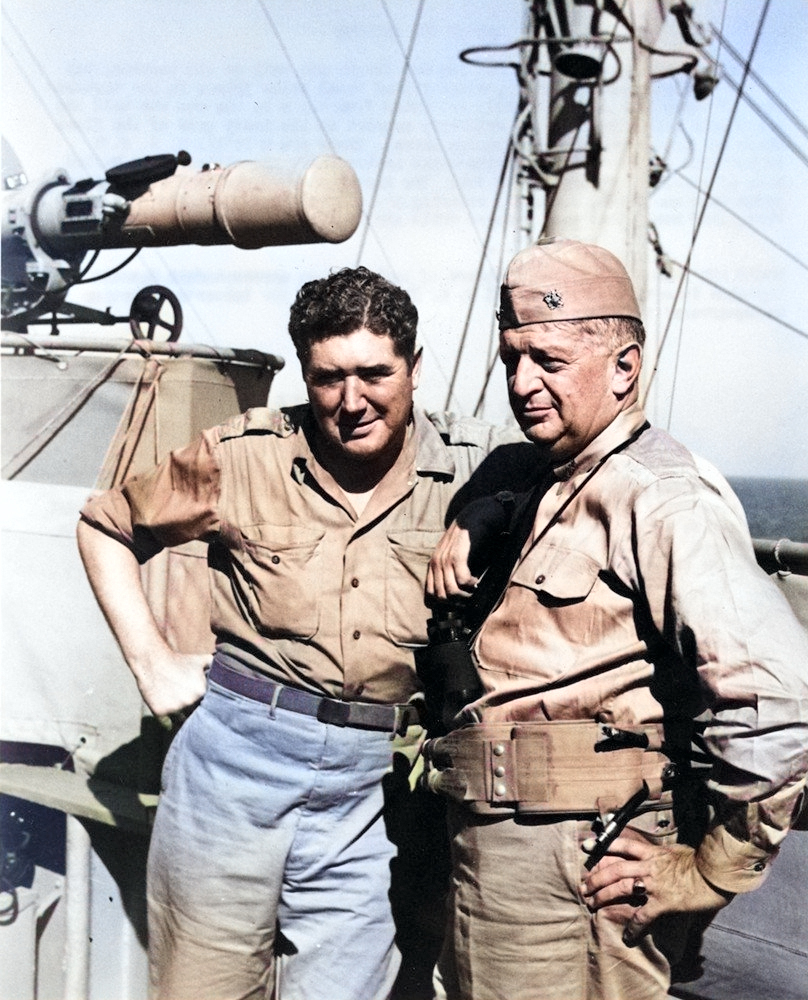 War correspondent Quentin Reynolds and Vice Admiral H. Kent Hewitt aboard USS Ancon, mid- or late-1943 [Colorized by WW2DB]