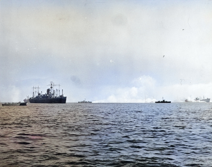USS Ancon off Salerno, Italy, 12 Sep 1943 [Colorized by WW2DB]