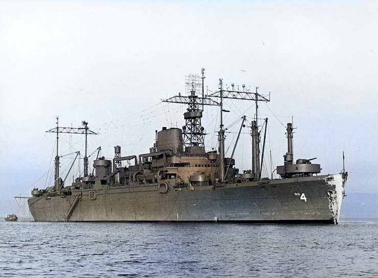 USS Ancon at anchor, San Francisco Bay, California, United States, circa Dec 1945 [Colorized by WW2DB]