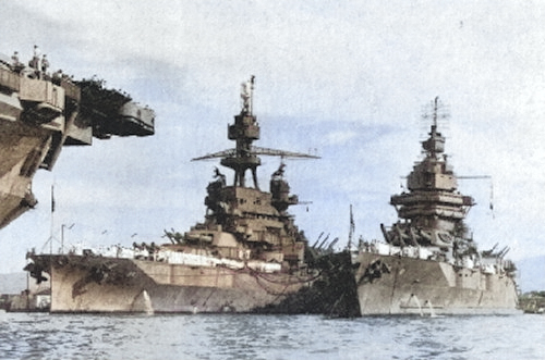 USS Pennsylvania and USS New Mexico, Pearl Harbor, US Territory of Hawaii, Nov 1943 [Colorized by WW2DB]