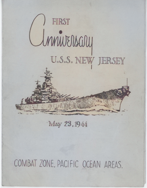 Program of the first anniversary celebration aboard USS New Jersey, 23 May 1944, page 1 of 3 [Colorized by WW2DB]