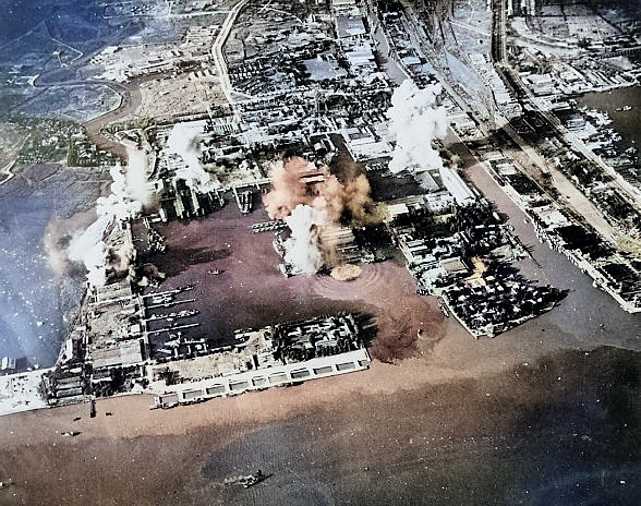 Surabaya under attack, Java, Dutch East Indies, 17 May 1944, photo 3 of 3 [Colorized by WW2DB]