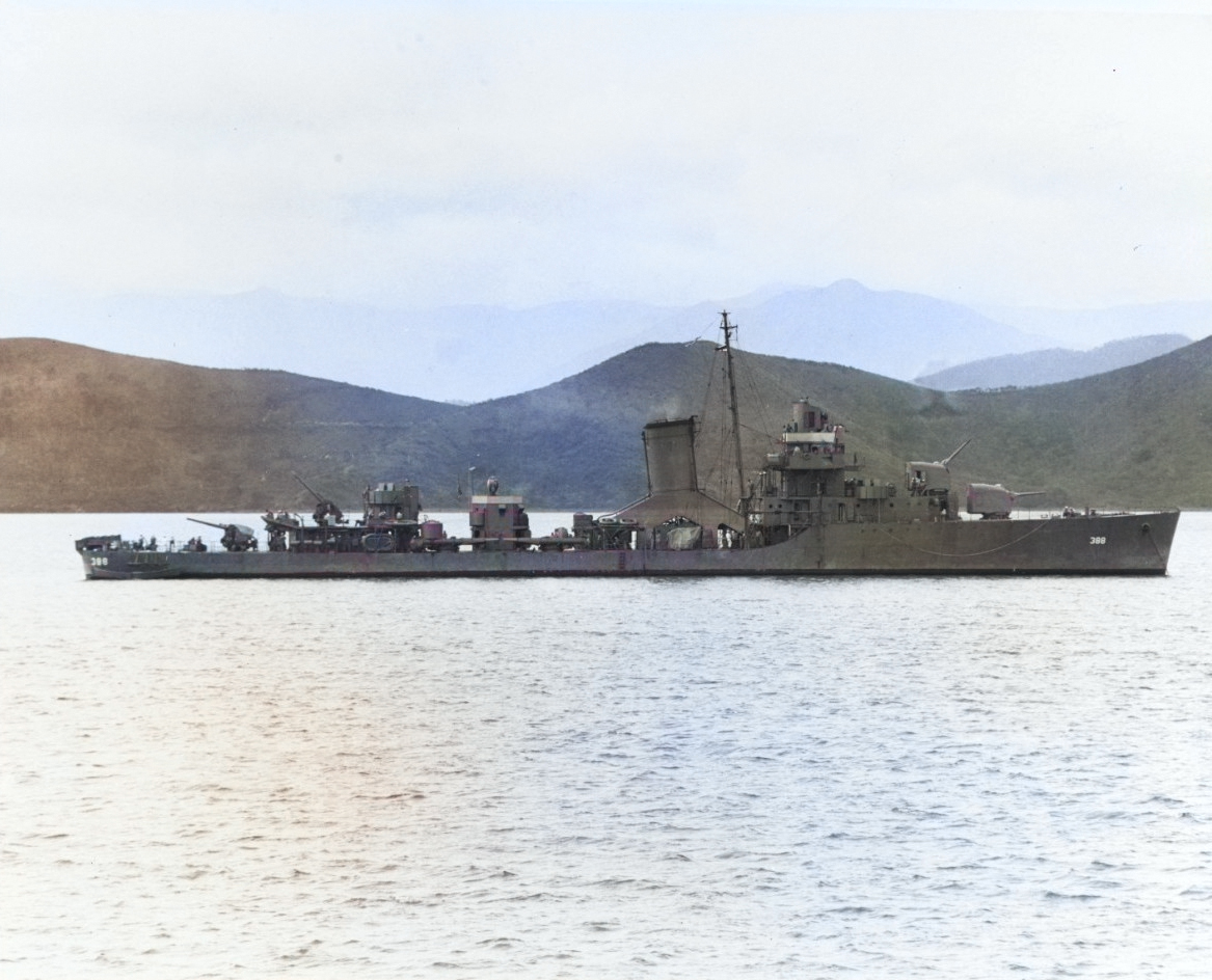 USS Helm at anchor at Nouméa, New Caledonia, 6 Apr 1942. [Colorized by WW2DB]