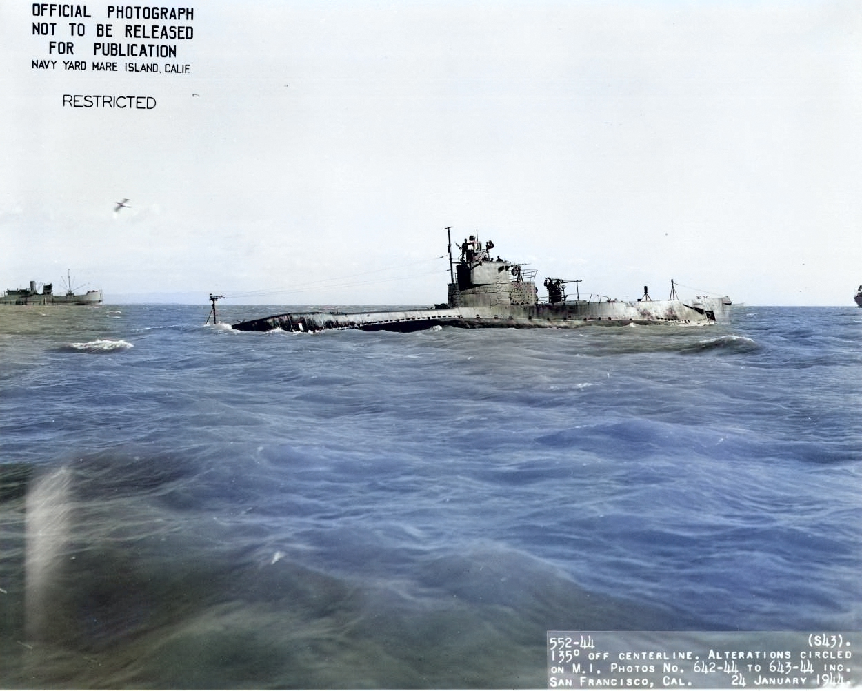 USS S-43 off San Francisco, California, United States, 24 Jan 1944, photo 2 of 5 [Colorized by WW2DB]