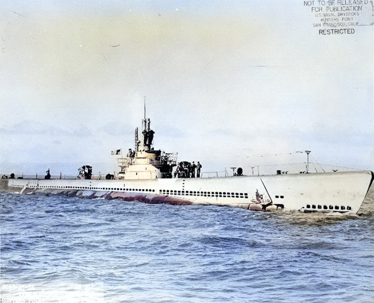 USS Archerfish off Hunter's Point Naval Drydocks, San Francisco, California, United States, 5 Jun 1945 [Colorized by WW2DB]